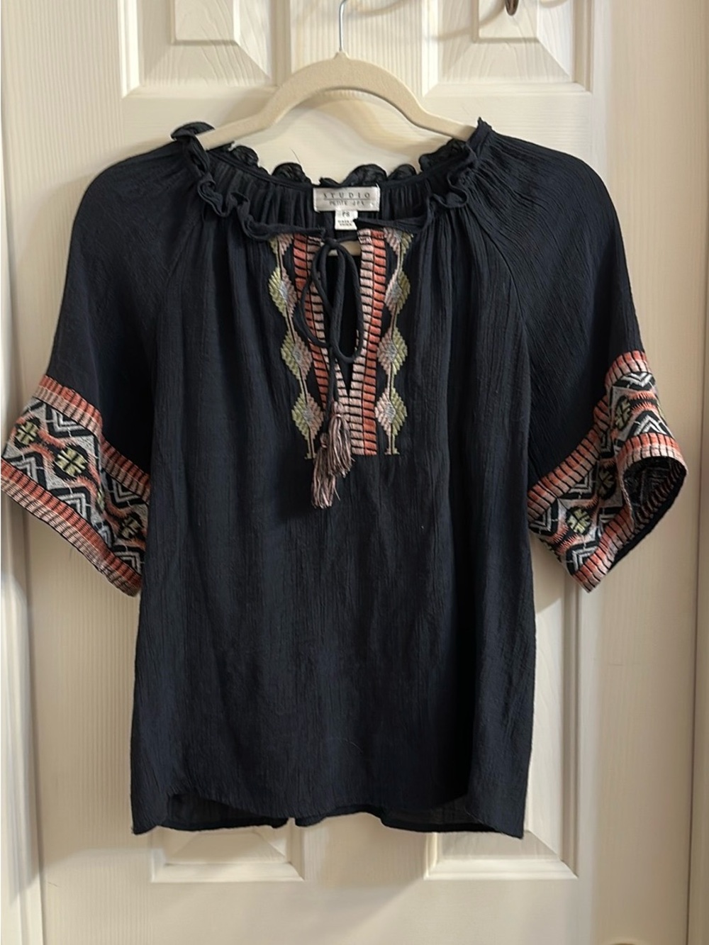Studio Navy Embroidered Peasant Blouse with Tassel Tie